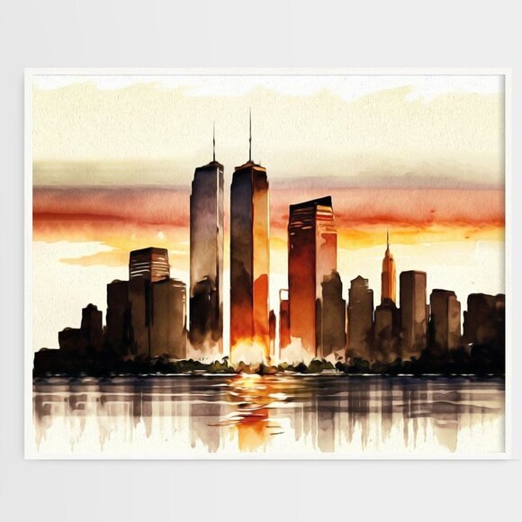20x30 Twin Towers New York City Pre 911 Sunset Watercolor Art Poster - Picture 3 of 6